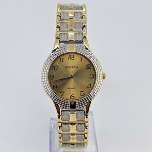 Geneva Watch Women 32MM Gold Dial Two Tone Band 7.75" NEW Battery